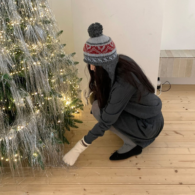 Deepsea深海 费尔岛风针织帽子女冬保暖护耳毛球毛线帽百搭冷帽