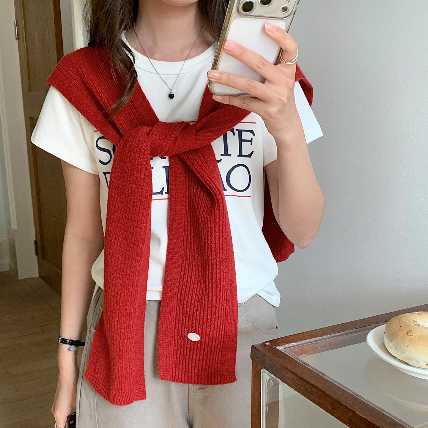 定制款~2026春夏新款韩版红色披肩外搭小坎肩纯色针织披肩女亲肤