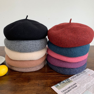 帽子冬季 Deep sea深海纯羊毛贝雷帽女针织复古画家帽圆脸适合