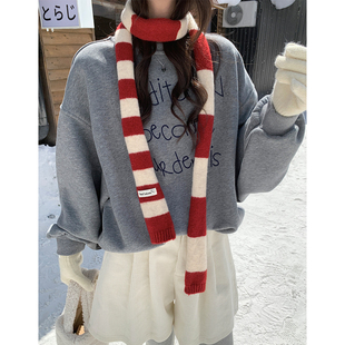 ins条纹红色小围巾女秋冬点亮穿搭围脖 气少女韩版 Deepsea深海 元