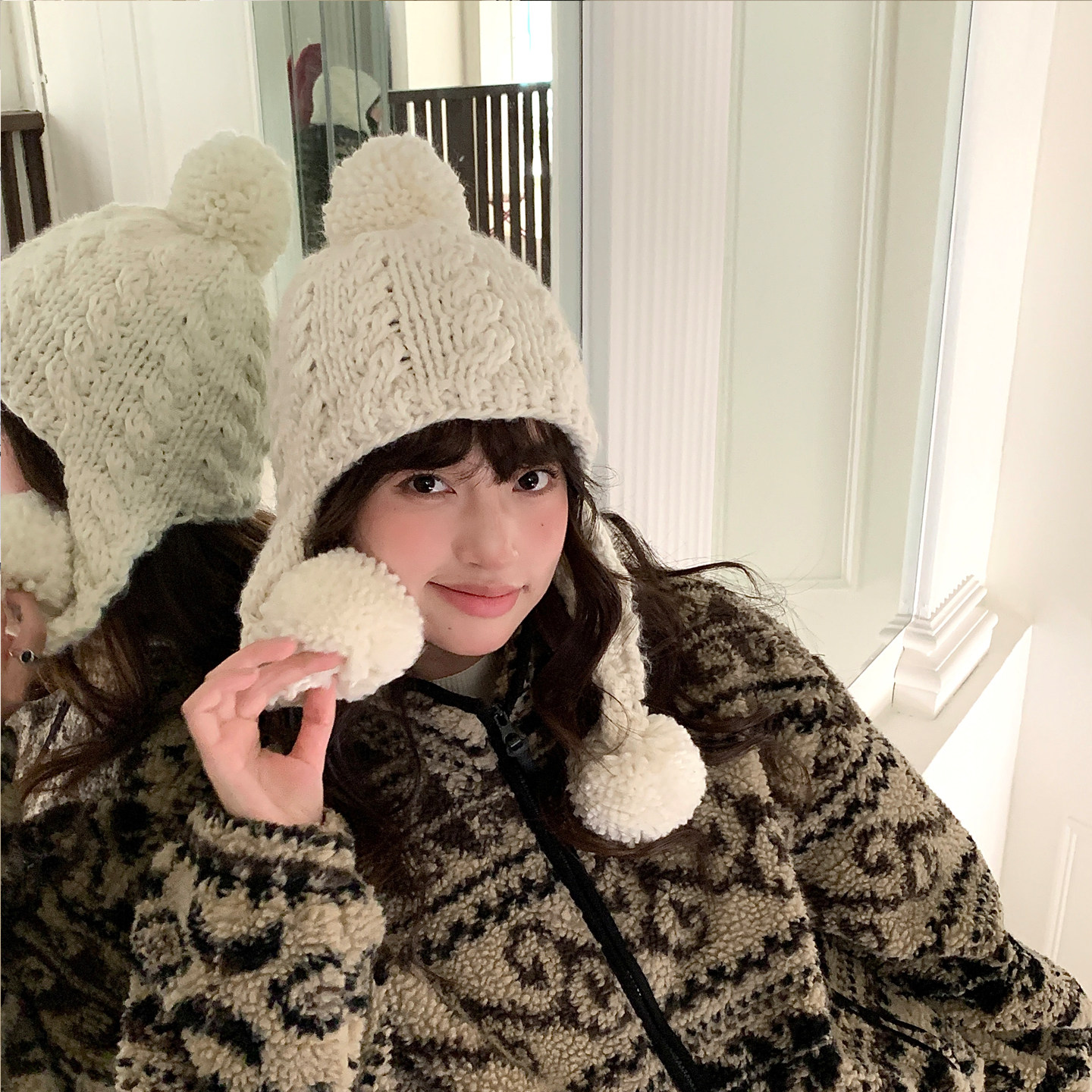 手工针织韩版可爱毛球毛线帽