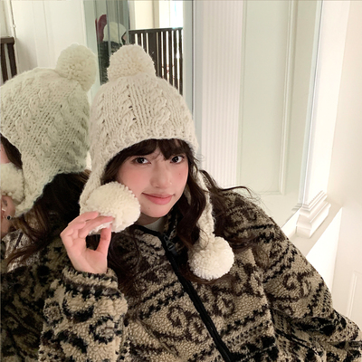 手工针织韩版可爱毛球毛线帽