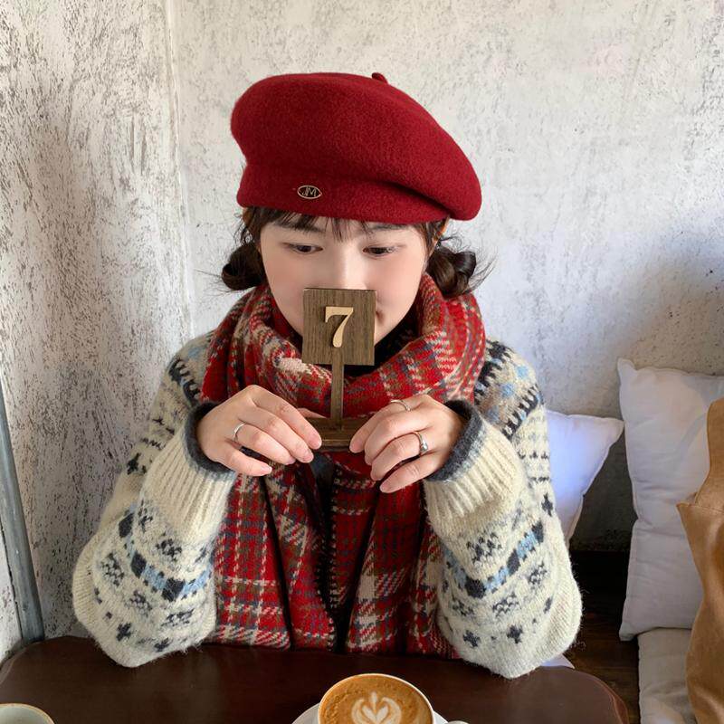 圣诞新年红色立体有型羊毛贝雷帽