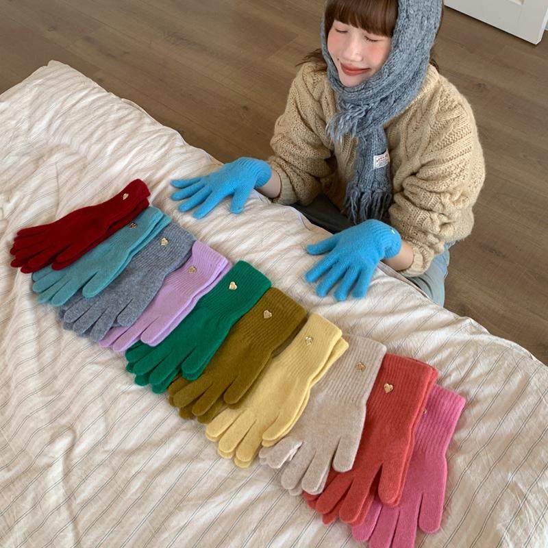 定制款~韩版简约美利奴纯羊毛针织手套女冬季保暖可触屏五指手套