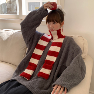 设计感韩系圣诞红白条纹撞色羊毛红色针织口袋围巾女冬保暖围脖