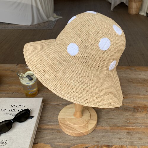高品质手工钩针波点拉菲草帽