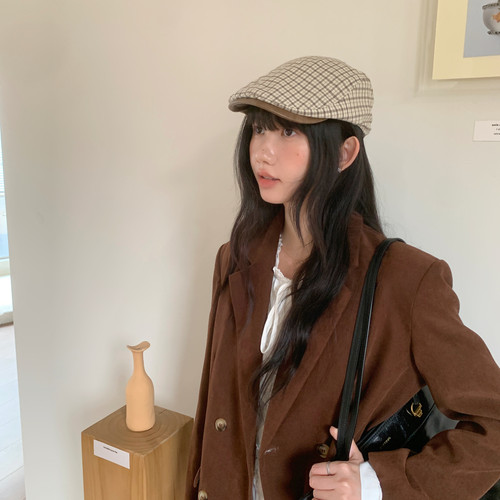 日系复古格纹显脸小前进帽画家帽