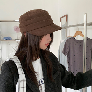 Deepsea深海 复古麂皮绒平顶帽子女秋冬显脸小报童帽百搭鸭舌帽子