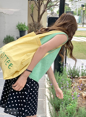 Deepsea深海 韩系字母帆布包女单肩大容量托特包休闲黄色帆布袋