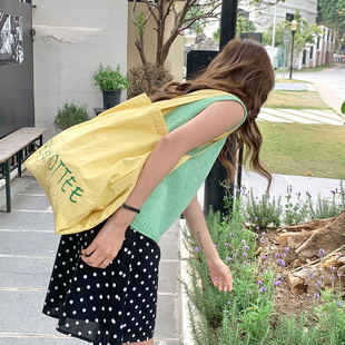 Deepsea深海 韩系字母帆布包女单肩大容量托特包休闲黄色帆布袋