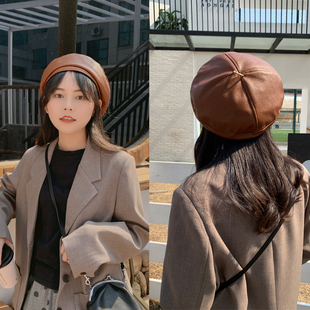 潮英伦复古帽子 贝雷帽韩版 秋冬流行款 pu皮贝雷帽女anna网红同款