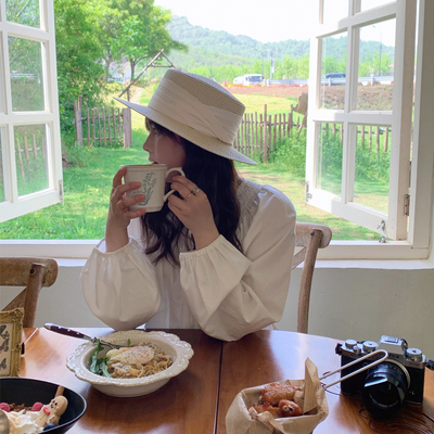 蘑糯糯同款法式平顶防晒草帽海边出游度假遮阳帽复古优雅小礼帽