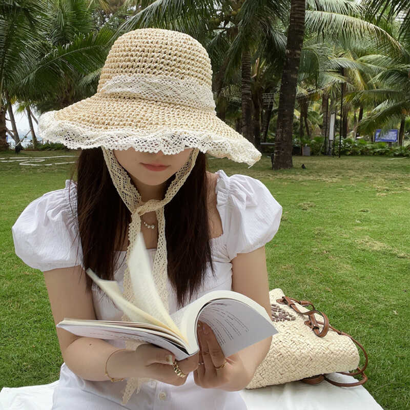 韩系ins甜美蕾丝大檐草帽女夏海边沙滩帽防晒遮阳帽度假折叠帽子-封面