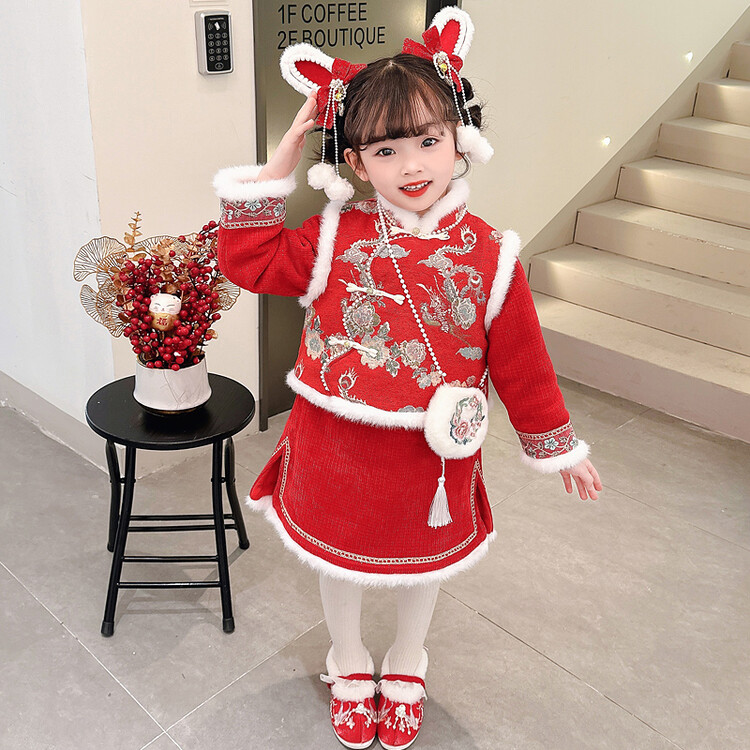 新年喜庆女宝宝唐装套装冬季加厚保暖复古风旗袍裙