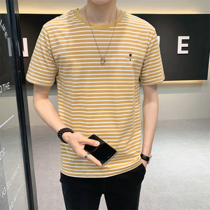 2025夏新款男士条纹T恤圆领套头打底衫短袖T恤黄色B317/6606/P45，男装T恤，电商B317