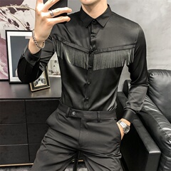 春款男士長袖襯衫流蘇裝飾修身純色男襯衣