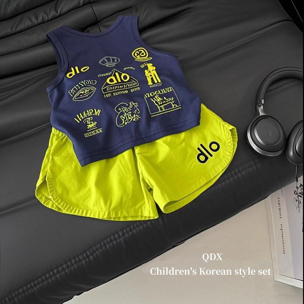 儿童套装2025夏季新款韩版洋气男女童夏装双面印花无袖短裤