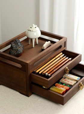 雅致文承 胡桃木文房收纳柜 榫卯结构文盘多宝阁书架毛笔文房四宝