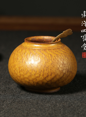 柴烧螺纹水盂 日式水盂水丞文房书画用品仿古小灯笼摆件笔洗瓷器