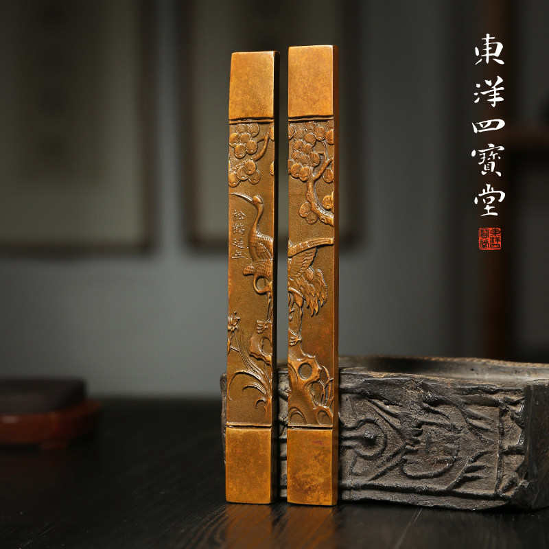 青铜器松鹤延年镇纸镇尺 对镇文房四宝精品礼品书法国画摆件收藏