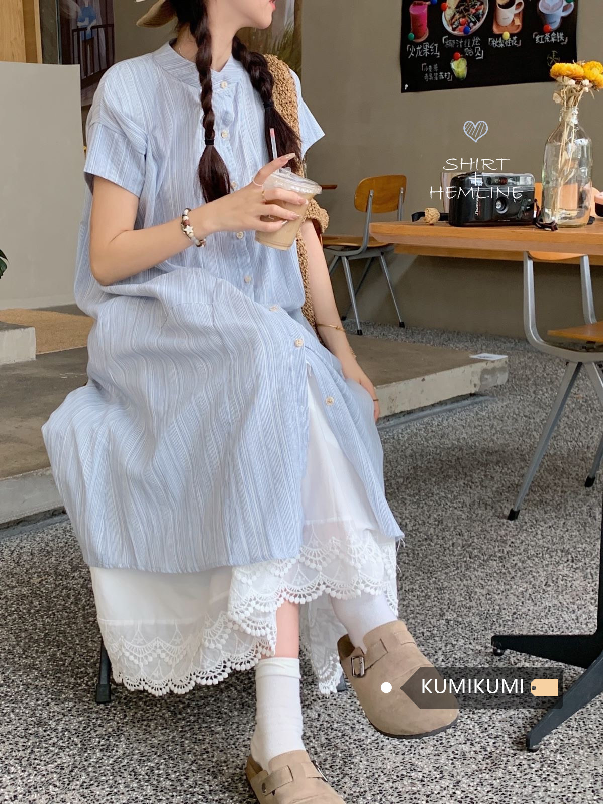 温柔风宽松休闲蓝色衬衫裙连衣裙女夏季叠穿宽松外塔短袖休闲上衣