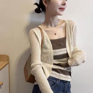 2026小众条纹吊带背心防晒针织开衫套装女夏季韩系减龄百搭两件套