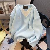 秋冬新款 假两件毛衣女ins韩系宽松慵懒风软糯蓝v领套头T恤上衣潮