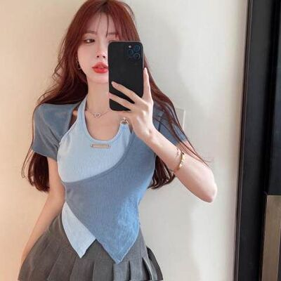 辣妹复古撞色挂脖短袖T恤女
