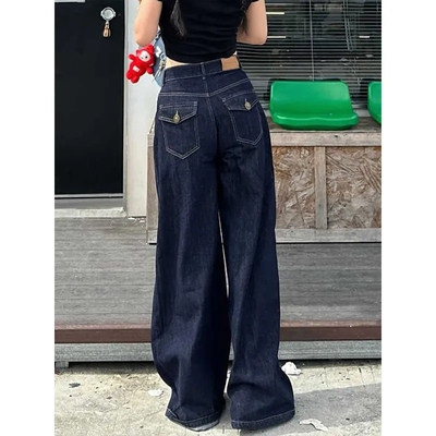 美式复古水洗阔腿牛仔裤女2024秋季直筒宽松百搭垂坠感拖地长裤潮