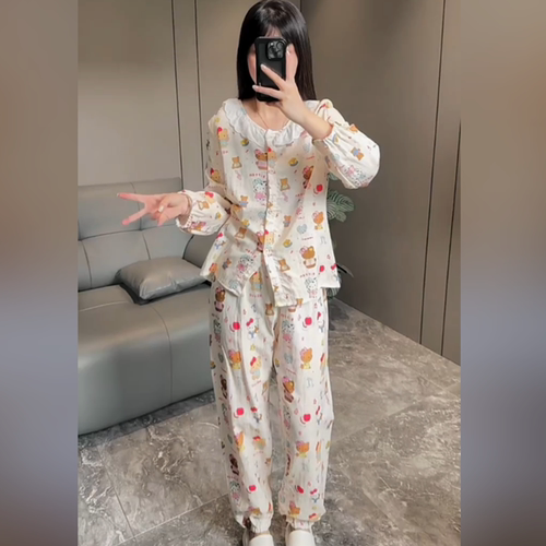 韩系可爱猫咪睡衣套装女大码秋季