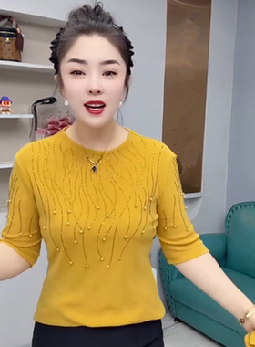 春夏妈妈装弹力网纱镶钻中袖T恤