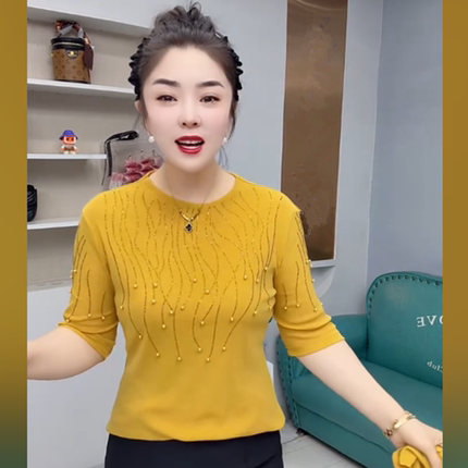 年轻妈妈装弹力网纱镶钻中袖T恤夏装新款修身小衫洋气中老年上衣