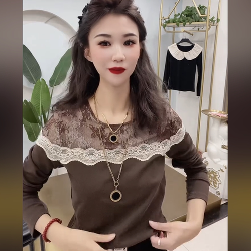 秋季新款假两件蕾丝修身打底T恤