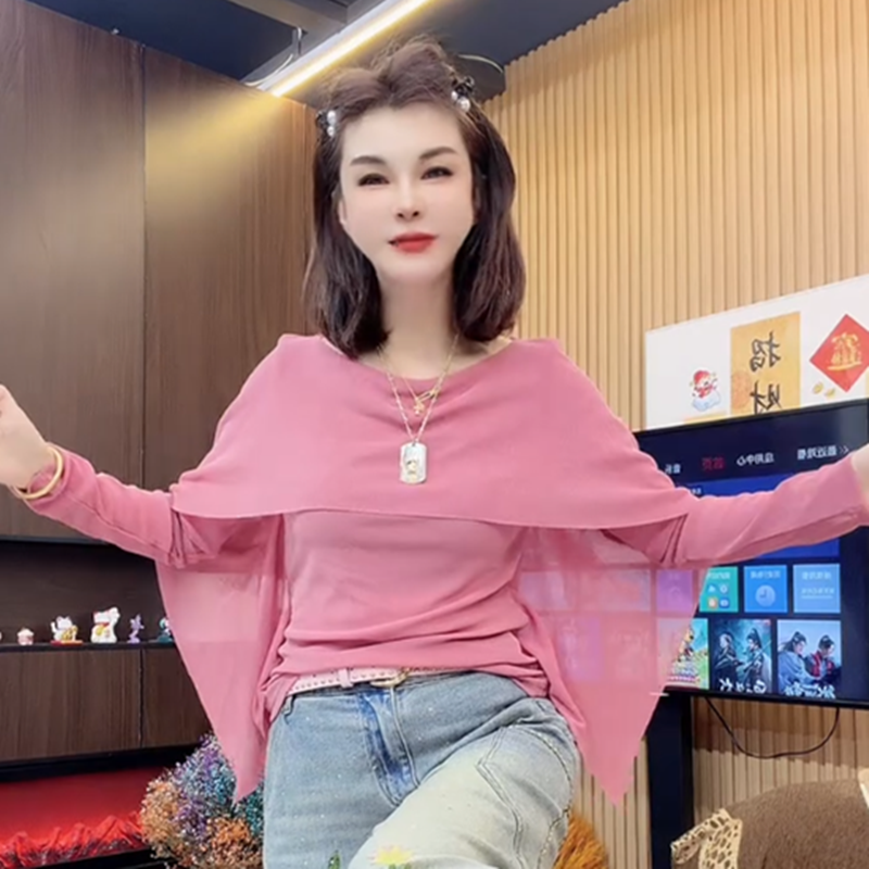 设计感假两件披肩荡领衬衫女春夏显白浅蓝色宽松显瘦大码气质上衣