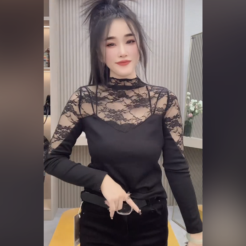 蕾丝拼接长袖t恤2025年新款秋冬