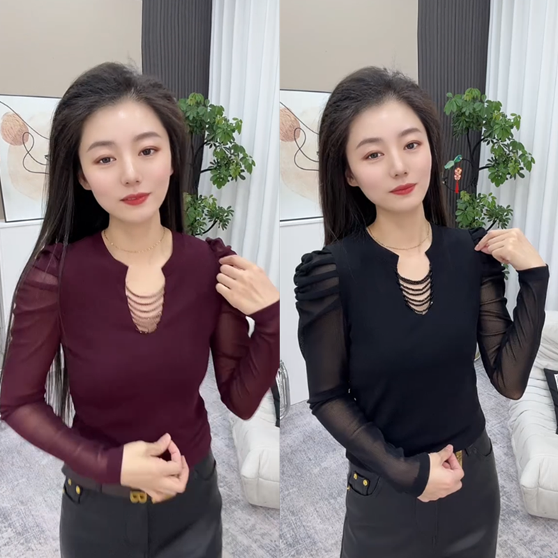 韩系女人味V领挂珠领打底衫长袖T恤衫女春季新款洋气显瘦百搭上衣
