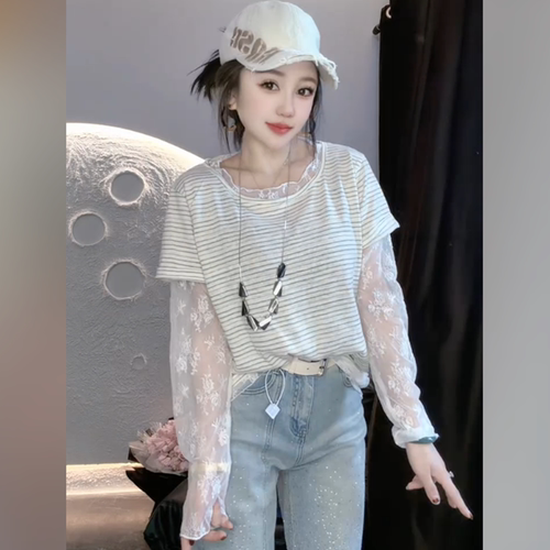 春夏假两件蕾丝拼接长袖T恤衫女