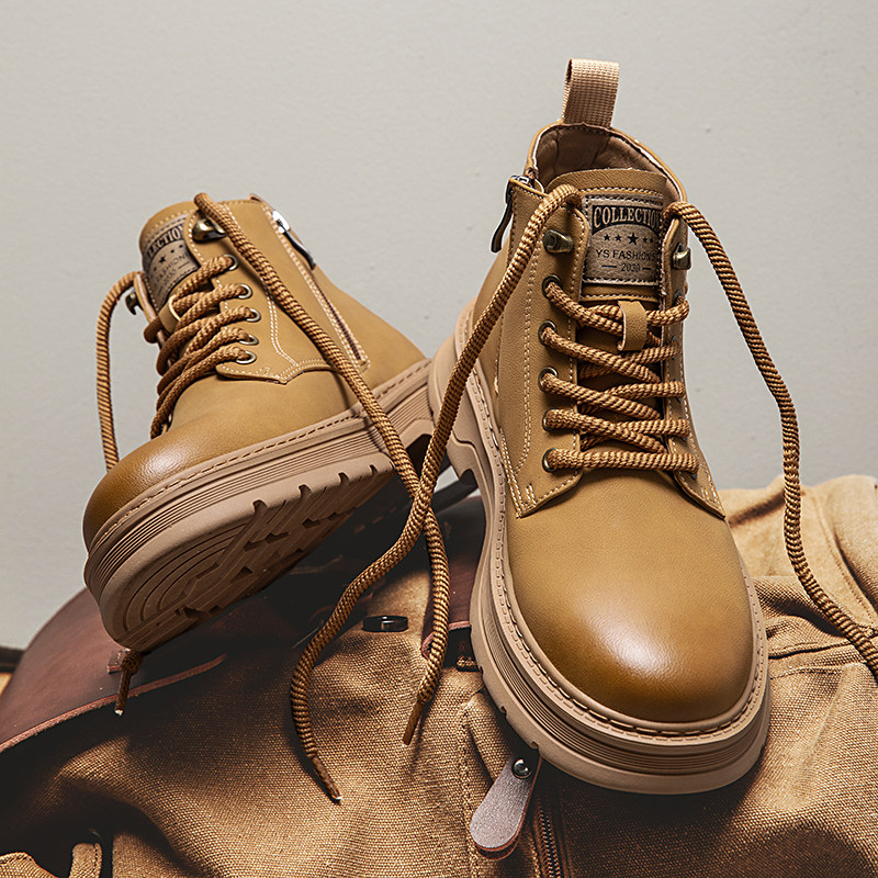 男鞋2025新款秋冬马丁靴男侧拉链中帮工装鞋子男款英伦高帮软皮靴