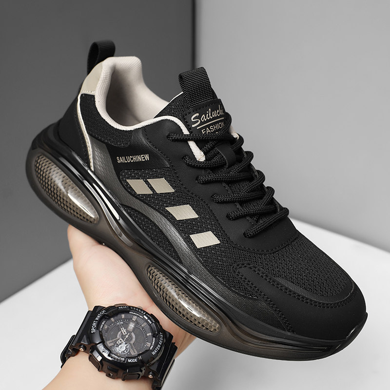 鞋子男鞋春季透气薄款爆米花网面厚底增高黑色跑步运动休闲鞋潮鞋