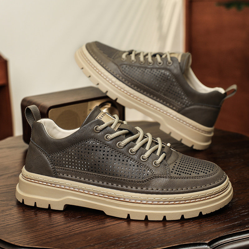 男鞋2025新款夏季透气工装鞋镂空卡其马丁靴低帮男士休闲皮鞋男款