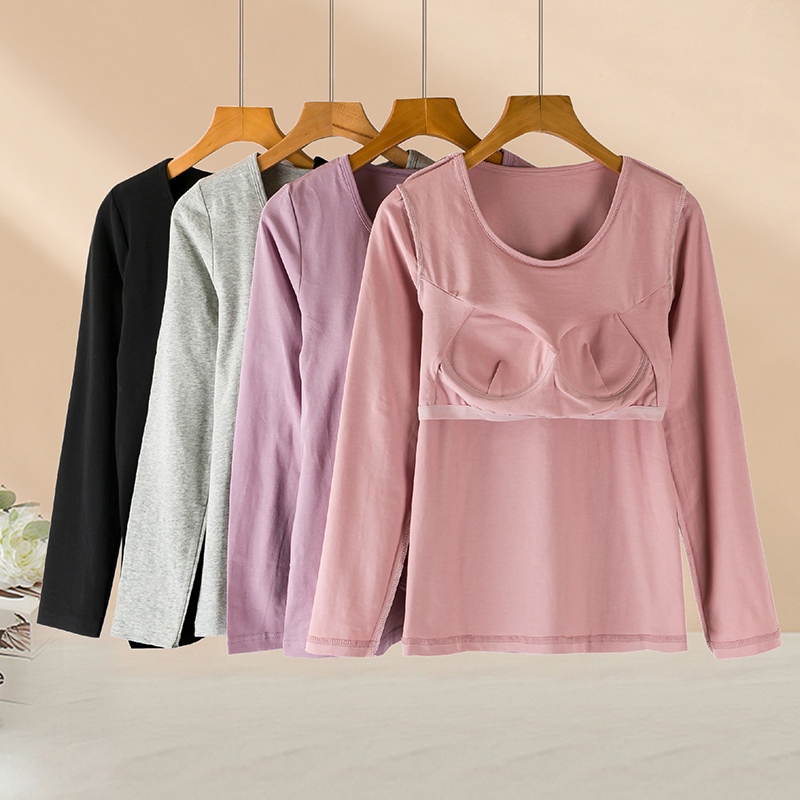 春秋保暖带胸垫t恤瑜伽打底衫