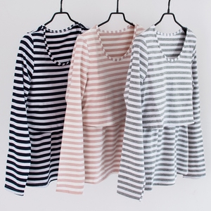 带胸垫长袖T恤上衣纯棉交叉哺乳外出衣喂奶衣月子服家居睡衣秋衣