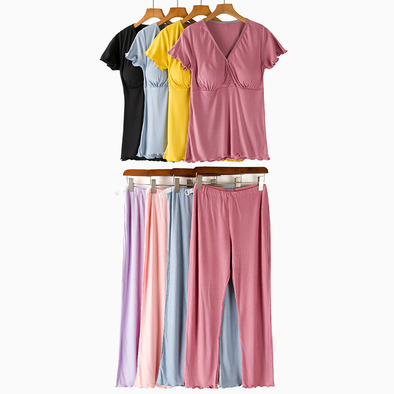 女夏薄款孕妇怀孕期产后哺乳套装短袖T恤上衣月子喂奶家居服睡衣