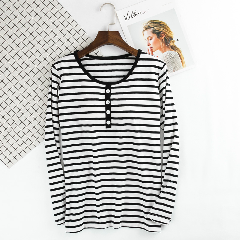 秋冬纯棉带胸垫长袖条纹家居服