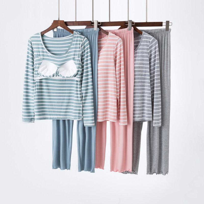 女春夏季薄款带胸垫长袖T恤两件套装免文胸家居服休闲瑜伽长裤
