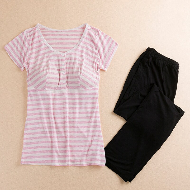 夏季带胸垫哺乳短袖T恤无钢圈哺乳上衣薄款月子家居服套装睡衣裤