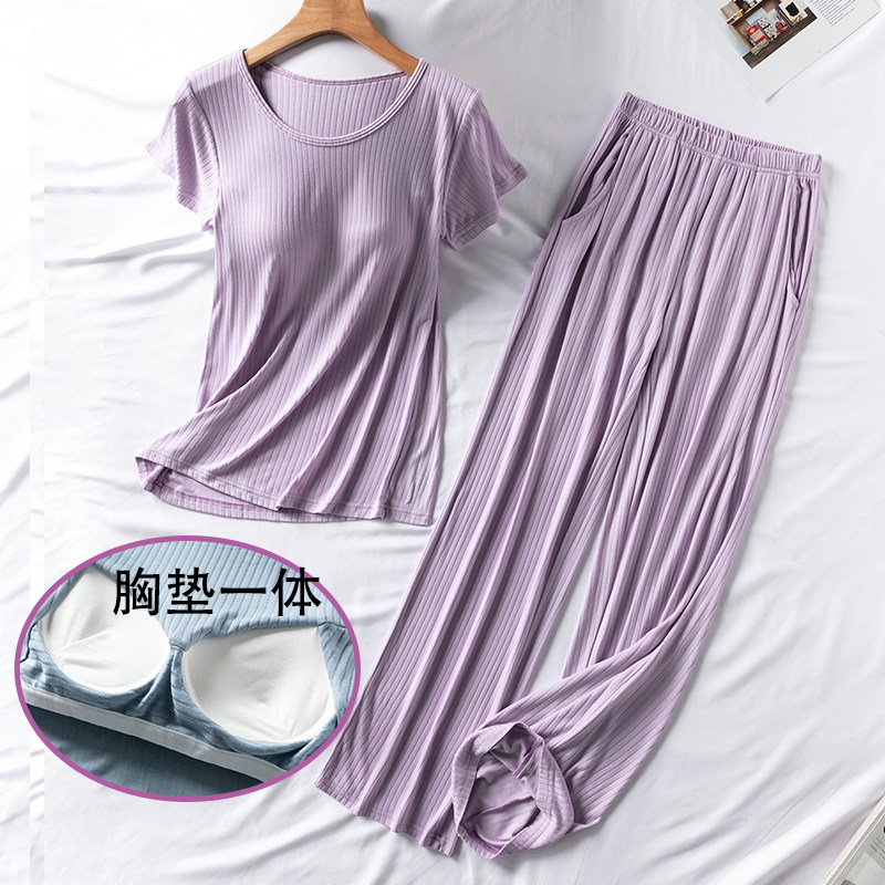 女夏季带胸垫家居服套装睡衣宽松