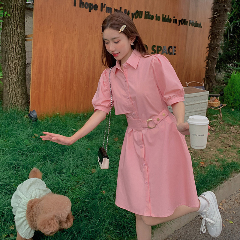 高级感泡泡袖粉色连衣裙女夏季2025新款法式甜美初恋裙气质衬衫裙,女装连衣裙,浙宝103（原192）