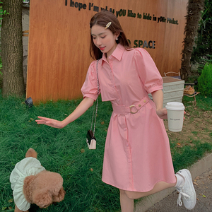 高级感泡泡袖粉色连衣裙女夏季2025新款法式甜美初恋裙气质衬衫裙图片