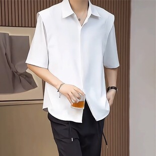 高级感冰丝短袖衬衫男士五分半袖上衣潮流时尚痞帅免烫设计感衬衣